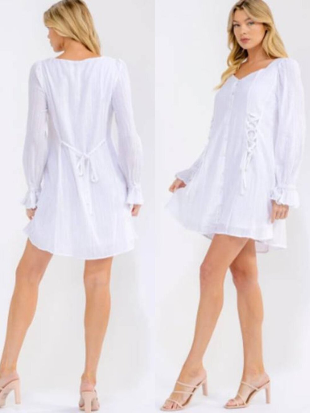 Women's Elegant Long Sleeve Lace-Up Mini Dress 100% Cotton Party Babydoll White